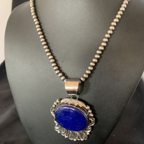 Native American Blue Lapis Pendant Necklace | Navajo Sterling Silver | Authentic Handmade | 14114