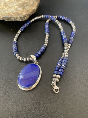 Native American Navajo Blue Lapis Pendant Necklace | Sterling Silver | Authentic Handmade | 11913 - Masha USA