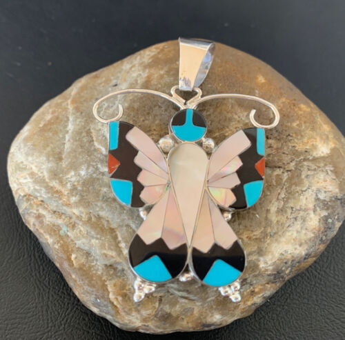 Zuni Blue Turquoise Coral Butterfly Inlay Pendant | Sterling Silver Necklace | Authentic Native American Handmade | 11966