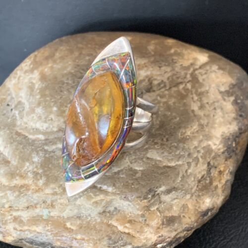 Navajo Gold Pomellato Amber Opal Inlay Ring | Sterling Silver | Sz 10 | Authentic Native American Handmade | 12852
