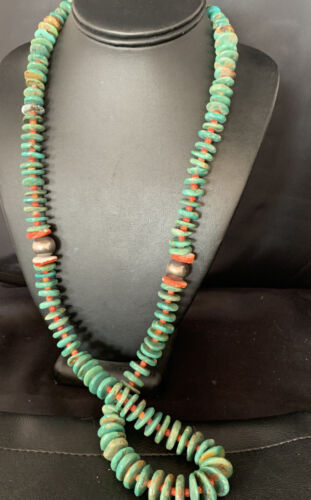 Navajo Green Turquoise & Spiny Oyster Necklace | Sterling Silver | Authentic Native American | 26" | 13908