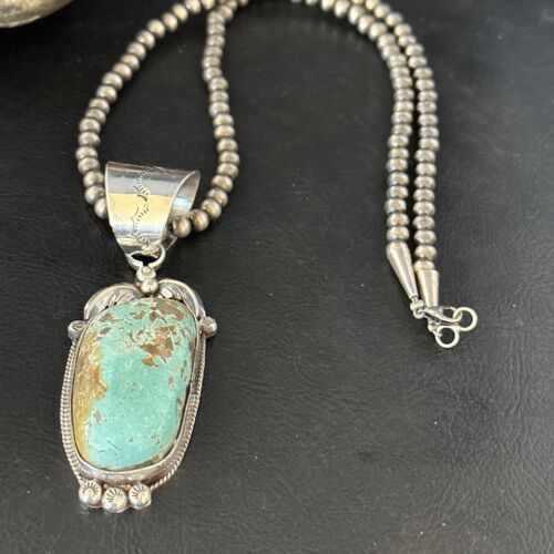 Navajo Pearls Sterling Silver Necklace with Blue Turquoise #8 Pendant | Authentic Native American Handmade | 14809