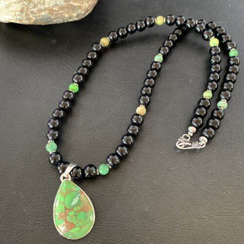 Navajo Pearls Onyx Mojave Turquoise Pendant Necklace | Sterling Silver | Authentic Native American Handmade | 10346