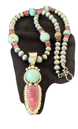 Navajo Pearls Turquoise Spiny Oyster Pendant Necklace | Sterling Silver | Native American Handmade | 1688
