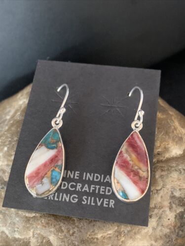 Navajo Purple Spiny Oyster Turquoise Dangle Earrings | Sterling Silver | Authentic Native American Handmade | 14081