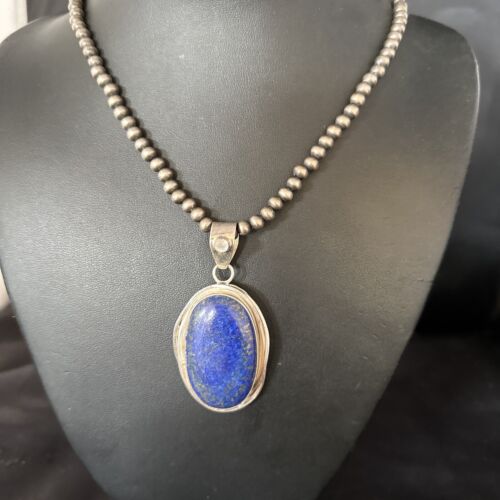 Native American Men's Navajo Pearls Necklace Pendant | Sterling Silver Lapis | 14466
