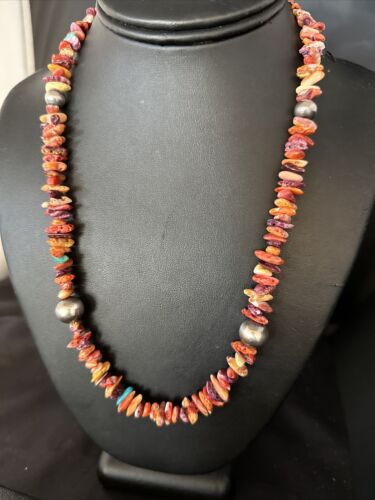 Navajo Multi-Color Spiny Oyster Necklace | Sterling Silver | 21" | Authentic Native American Handmade | 14308