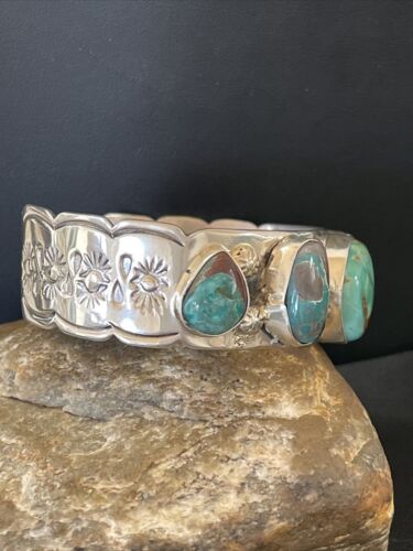 Men's Navajo Blue Turquoise Cuff Bracelet | Sterling Silver | 5 Stones | Authentic Native American Handmade | 01886
