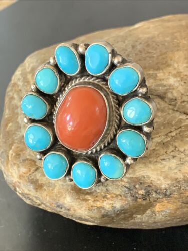 Navajo Blue Turquoise Coral Cluster Ring | Authentic Native American Sterling Silver | Multi-Stone | Sz 9.5 | 11507