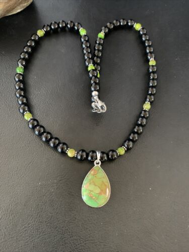 Navajo Pearls Onyx Mojave Turquoise Necklace Pendant | Sterling Silver | Authentic Native American Handmade | 13252