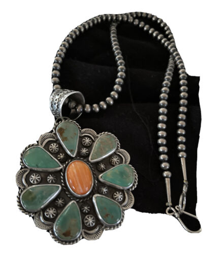 Navajo Spiny Oyster & Turquoise Cluster Pendant Necklace | Sterling Silver | Native American Handmade | 1119