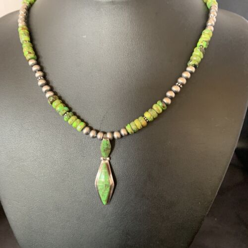 Navajo Green Gaspeite Turquoise Inlay Pendant | Sterling Silver | Authentic Native American Handmade | 13267