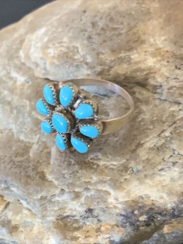 Navajo Blue Cluster Turquoise Ring | Authentic Native American Sterling Silver | Multi-Stone | Sz 7 | 12460