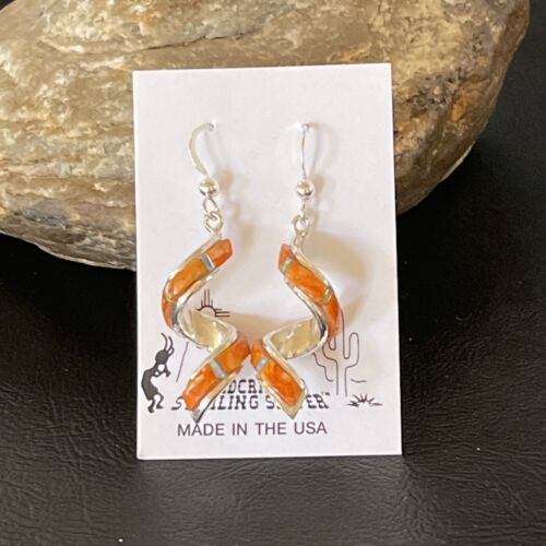Navajo Snake Swirl Earrings | Orange Spiny Opal Inlay | Sterling Silver | 1.25" | Authentic Native American Handmade | 1549