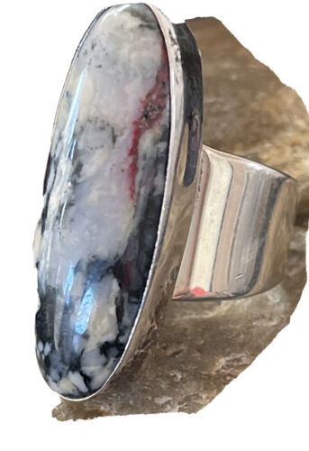 Southwestern Navajo White Black Cinnabrite Ring | Sterling Silver | Sz 7 | 1566