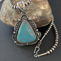 Navajo Pearls Sterling Silver Necklace with Blue Turquoise #8 Pendant | Authentic Native American Handmade | 11311