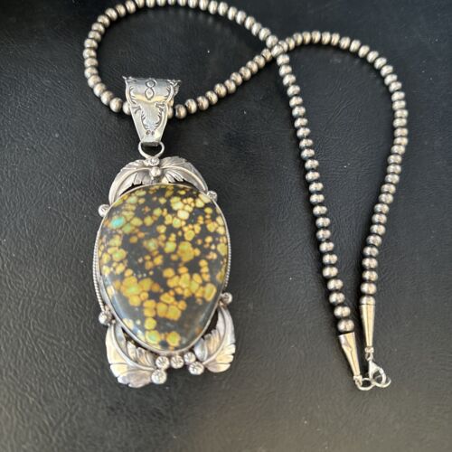 Navajo Green Spiderweb Turquoise Pendant Necklace | Sterling Silver Beads | Authentic Native American Handmade | 14806