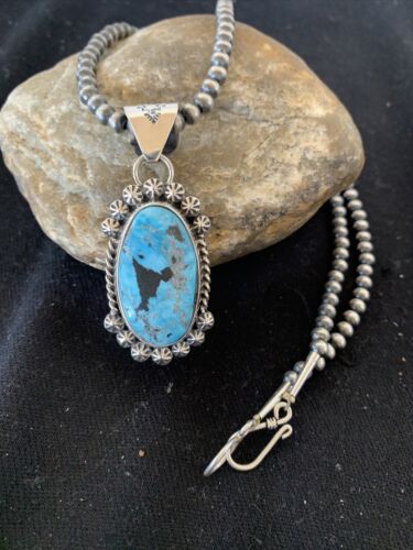 Men's Navajo Pearls Necklace with Blue Kingman Turquoise Pendant | Sterling Silver | Authentic Native American Handmade | 00841