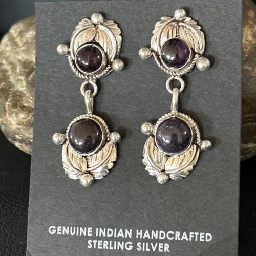 Navajo Purple Sugilite Post Dangle Earrings | Sterling Silver | Authentic Native American Handmade | 1597