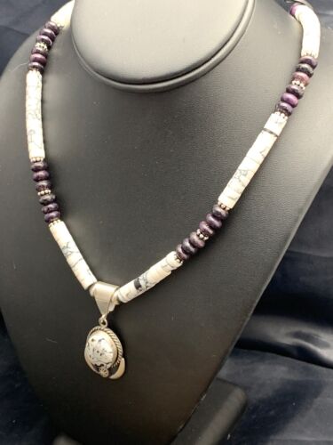 Navajo Purple Sugilite & Howlite Bead Necklace | Sterling Silver | Authentic Native American Handmade | 4606