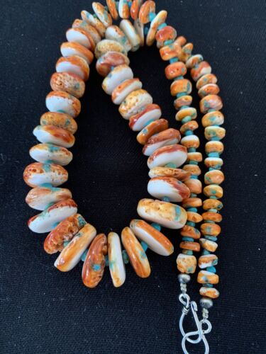 Authentic Navajo Orange Spiny Oyster & Turquoise Necklace | Sterling Silver | 22" | 194