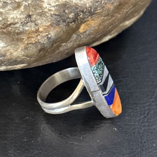 Navajo Sterling Silver Multi-Color Red Spiny Oyster Lapis Inlay Ring Sz 6 | Handmade | 14725