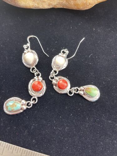 Navajo Spiny, Turquoise & Howlite Dangle Earrings | Sterling Silver | Authentic Native American Handmade | 1634