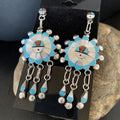 Zuni Sun Face Kingman Turquoise White Mother of Pearl Dangle Earrings | Sterling Silver | 12125