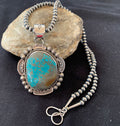 Men's Navajo Pearls Necklace Pendant | Sterling Silver | Blue Turquoise #8 | Authentic Native American Handmade | 528