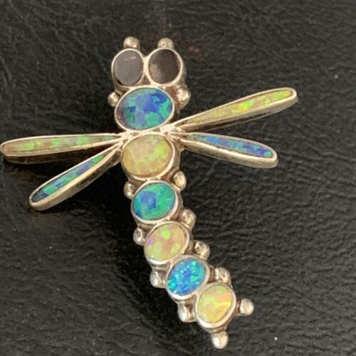 Zuni White Blue Opal Inlay Dragonfly Necklace Pin Pendant | Sterling Silver | 13683