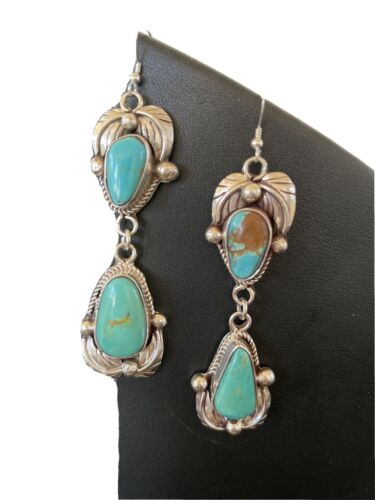 Navajo Royston Turquoise Dangle Earrings | Sterling Silver | Authentic Native American Handmade | 1166