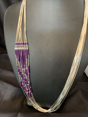 Navajo Purple Sugilite Heishi Necklace | 10 Strand Liquid Silver | Sterling Tube | 26" | 13058