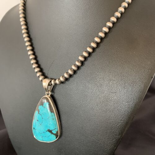 Men's Navajo Blue Spiderweb Turquoise Pendant Necklace | Sterling Silver | Authentic Native American Handmade | 10666
