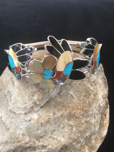 Zuni Sterling Inlay Hummingbird Bracelet | Multi Stone Turquoise | Old Pawn | 7.5" | 8299