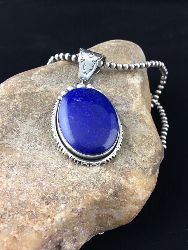 Men's XL Navajo Pearls Necklace Pendant | Sterling Silver Blue Lapis | Authentic Native American Handmade | 10116