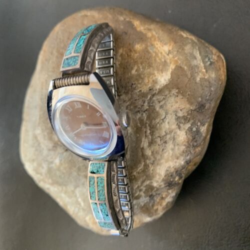 Navajo Sterling Silver Watch Tips | Old Pawn Blue Turquoise Chip Inlay Band | Authentic Native American Jewelry | 1639