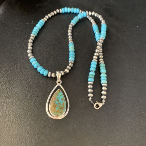 Navajo Blue Turquoise Pendant Necklace | Sterling Silver | Authentic Native American Handmade | 13869