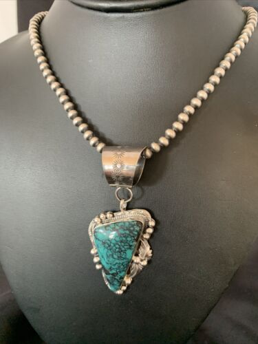 Men's Navajo Blue Spiderweb Turquoise Pendant Necklace | Sterling Silver | Authentic Native American Handmade | 10662