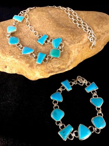 Navajo Sterling Silver Inlay Blue Turquoise Necklace & Bracelet Set | Old Pawn Jewelry | Authentic Native American Handmade | 8741