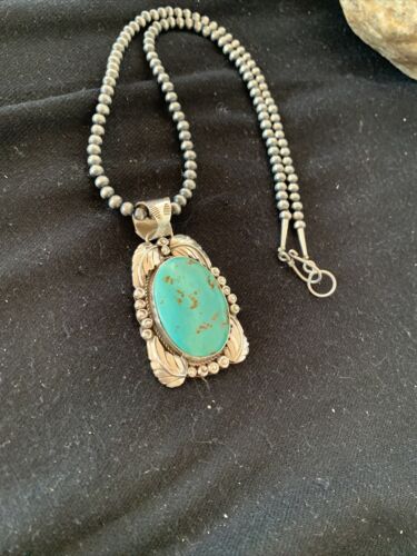 Navajo Pearls Necklace with Kingman Turquoise Pendant | Sterling Silver | Authentic Native American Handmade | 809