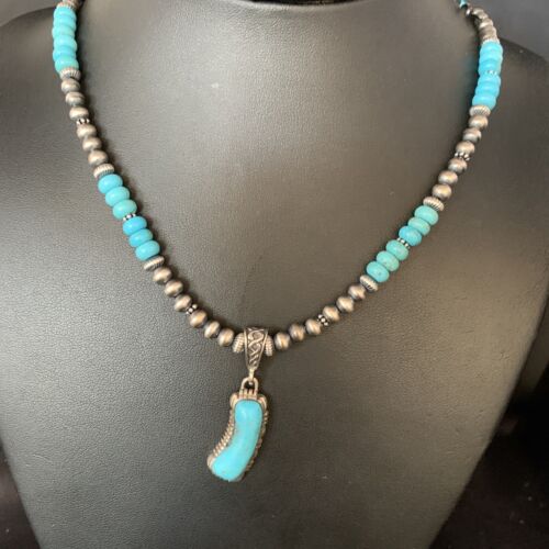 Navajo Blue Turquoise Pendant Necklace | Sterling Silver | Authentic Native American Handmade | 13826