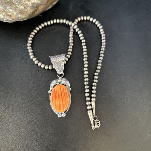 Navajo Pearls Orange Spiny Oyster Necklace Pendant | Sterling Silver | Authentic Native American Handmade | 14717
