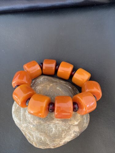 Southwestern Stretch Bracelet Set | Yellow Gold | Red Fossil Amber Stones | Authentic Native American Handmade | 10634