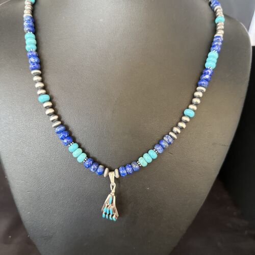 Zuni Blue Turquoise Lapis Multi-Stone Necklace Pendant | Authentic Native American Sterling Silver | 14639