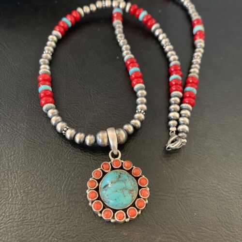 Southwestern Navajo Multi-Stone Necklace | Turquoise Coral Pendant | Sterling Silver | 21" | 12581