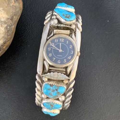 Navajo Sterling Silver Watch Cuff Bracelet | Blue Kingman Turquoise | Authentic Native American Jewelry | 13711