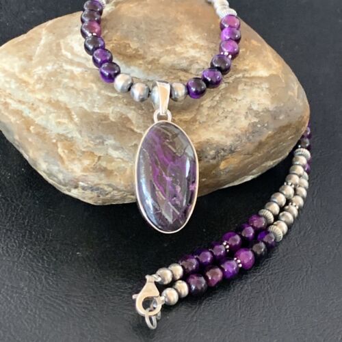 Navajo Pearls Purple Sugilite Onyx Necklace Pendant | Sterling Silver | Authentic Native American Handmade | 13392