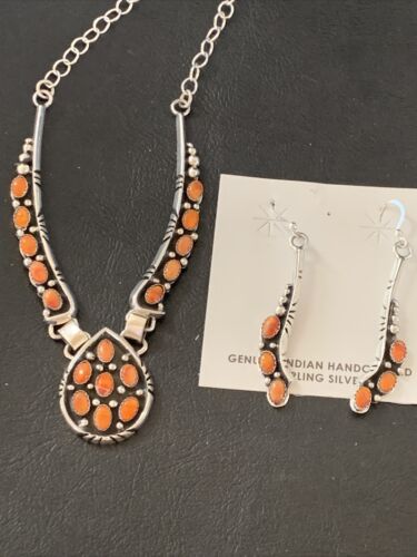 Navajo Red Spiny Oyster Necklace & Earrings Set | Sterling Silver | Native American Handmade | 2111