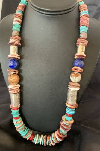Navajo Turquoise Spiny Oyster Coral Lapis Necklace | Sterling Silver | 24" | Authentic Native American Handmade | 11870