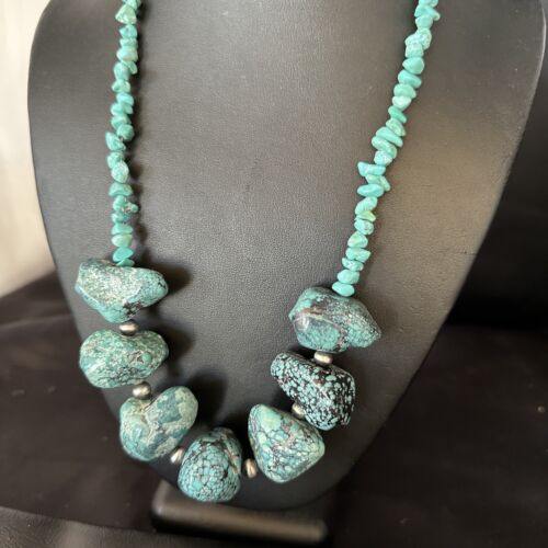 Navajo Chunky Blue Turquoise Nugget Necklace | Sterling Silver | Authentic Native American Handmade | 20" | 14417